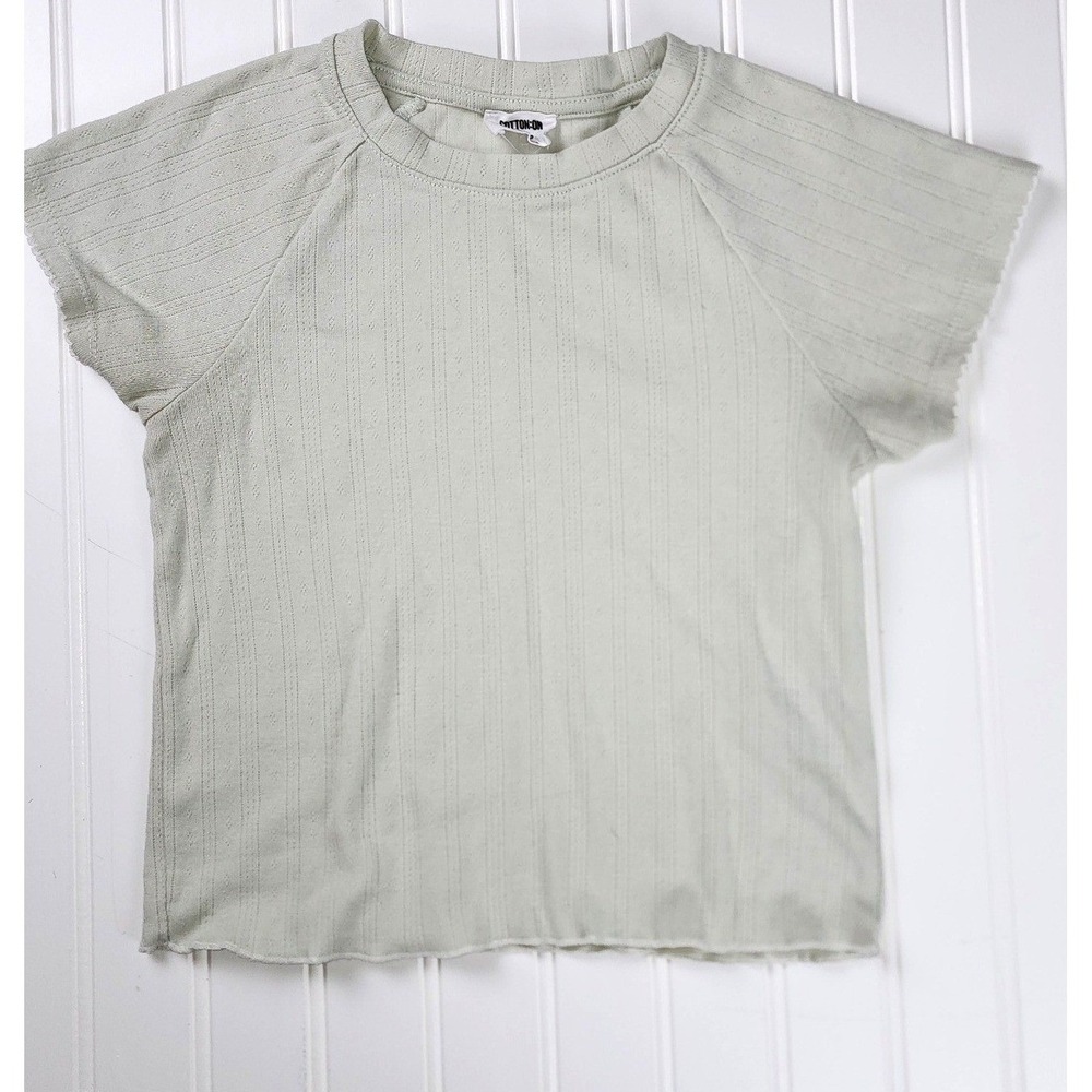 Cotton On Womens XS Sage Green Pointelle Baby Tee Lettuce‎ Hem Y2K